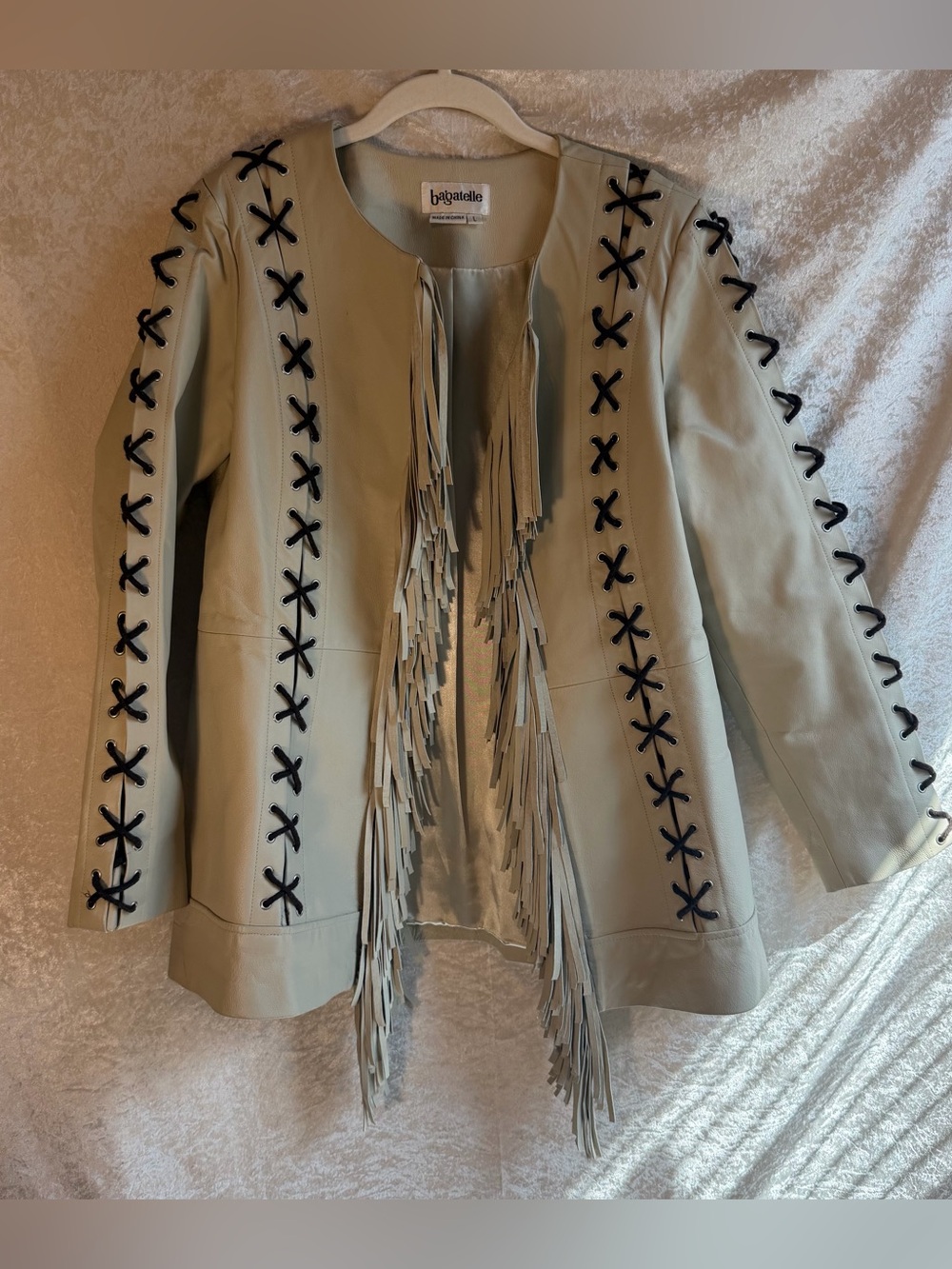 Bagatelle Vintage Leather Fringe Lace Up Western Jacket Size L